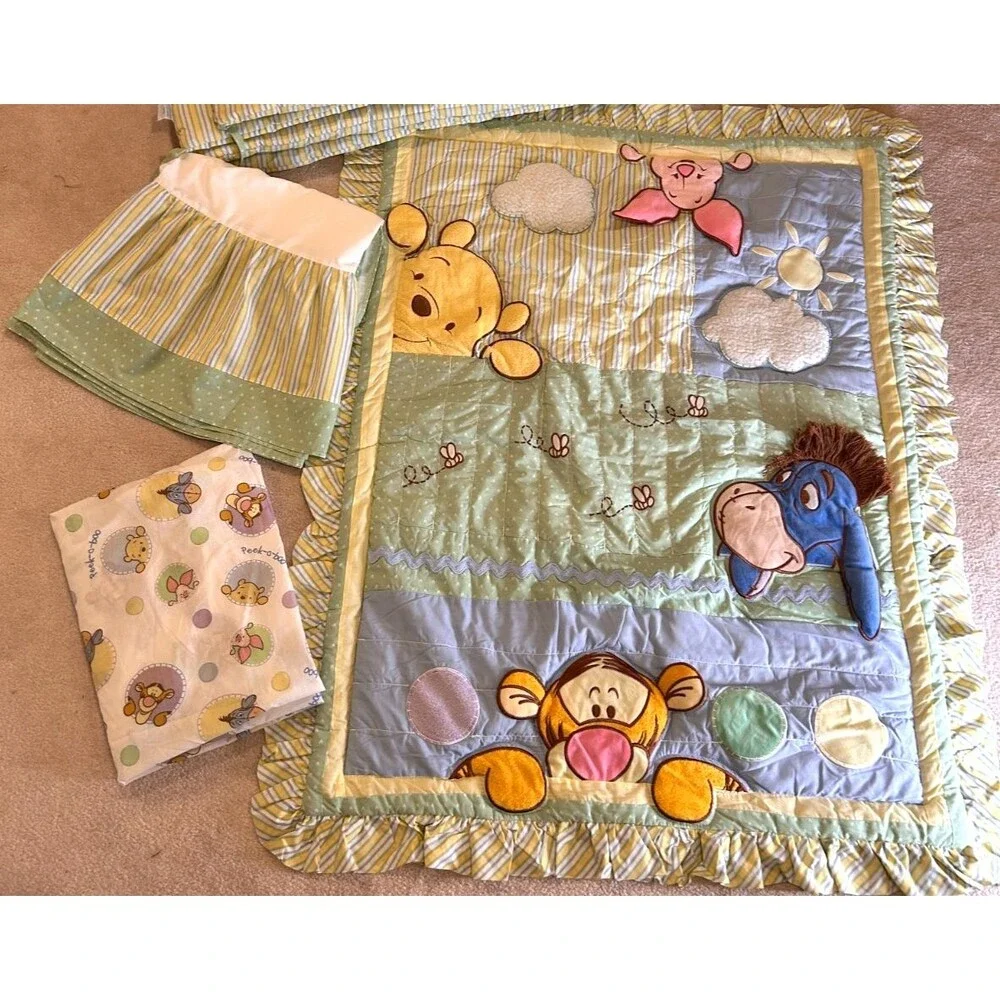 Vintage Disney Peek a Pooh Boo 3 Piece Crib Set Quilted Comforter Sheet Ruffle